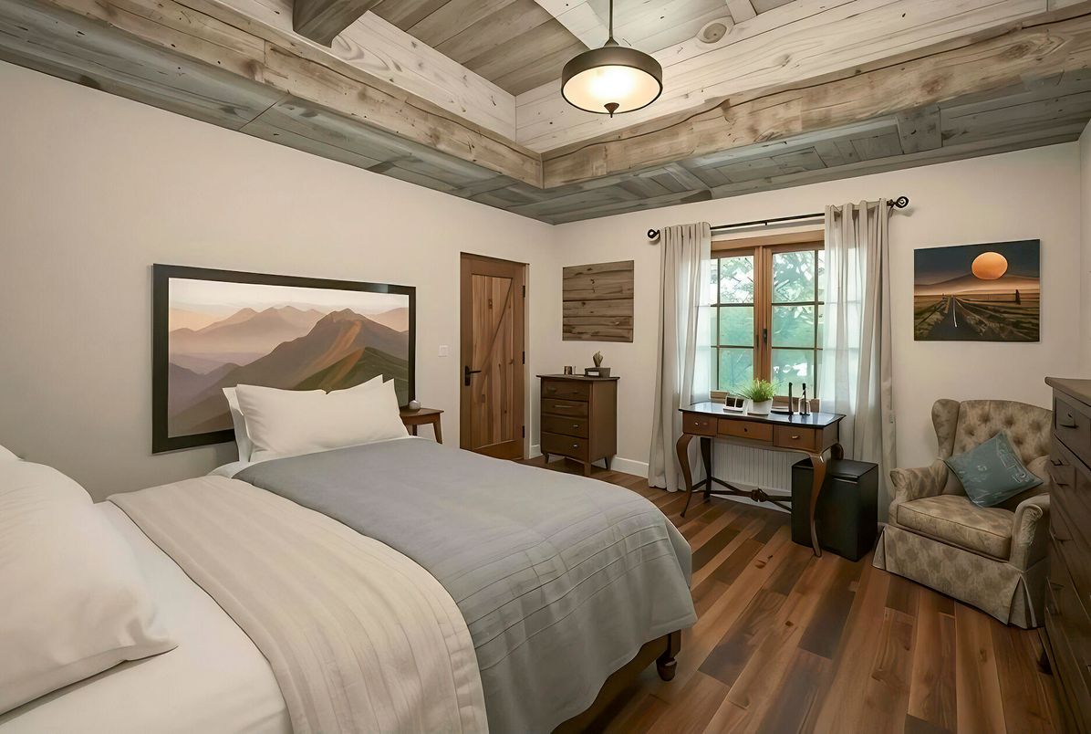 Bedroom, Interior, Pendant Lights, Wooden Beams, Wooden Ceilings, Wood Texture Flooring