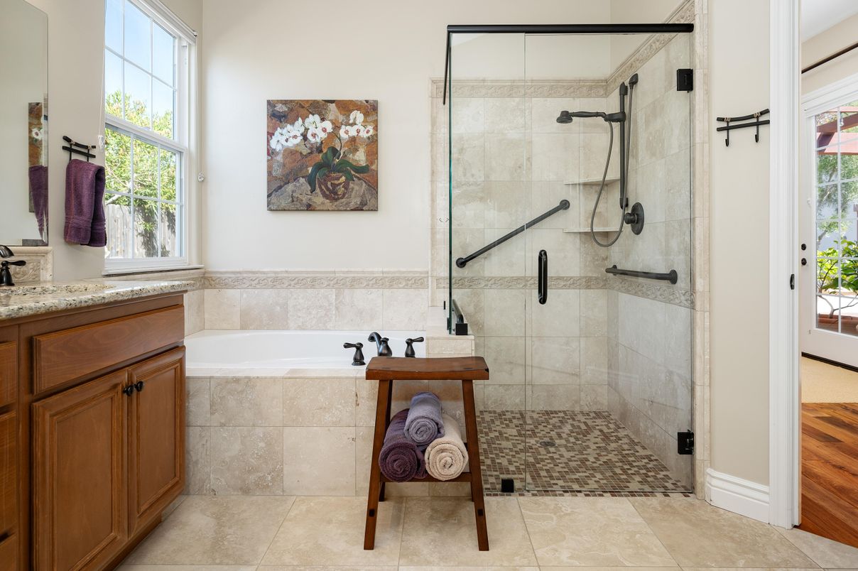 Bathroom, Glass Shower, Interior, Wood Texture Flooring