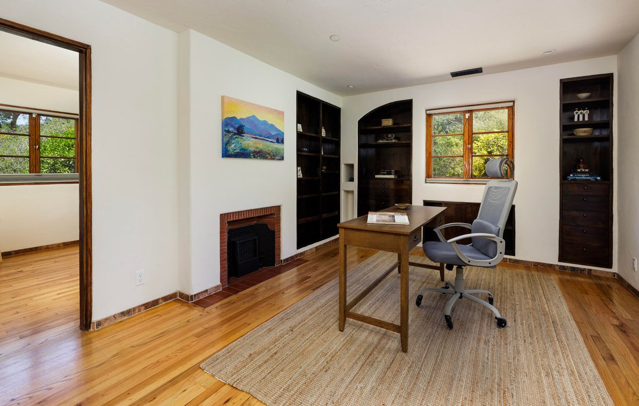 Fireplace, Home Office, Interior, Recessed Lighting, Wood Texture Flooring