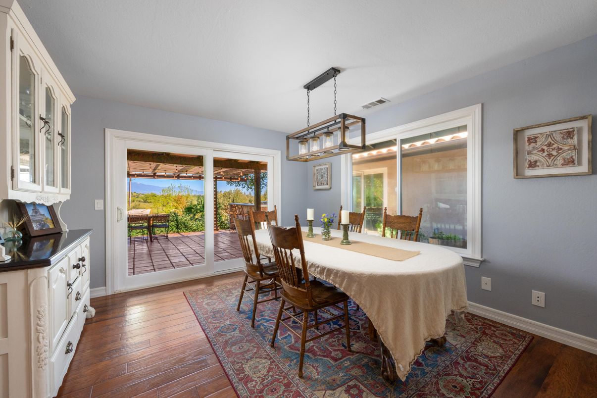 Dining room, Interior, Pendant Lights, Wood Texture Flooring