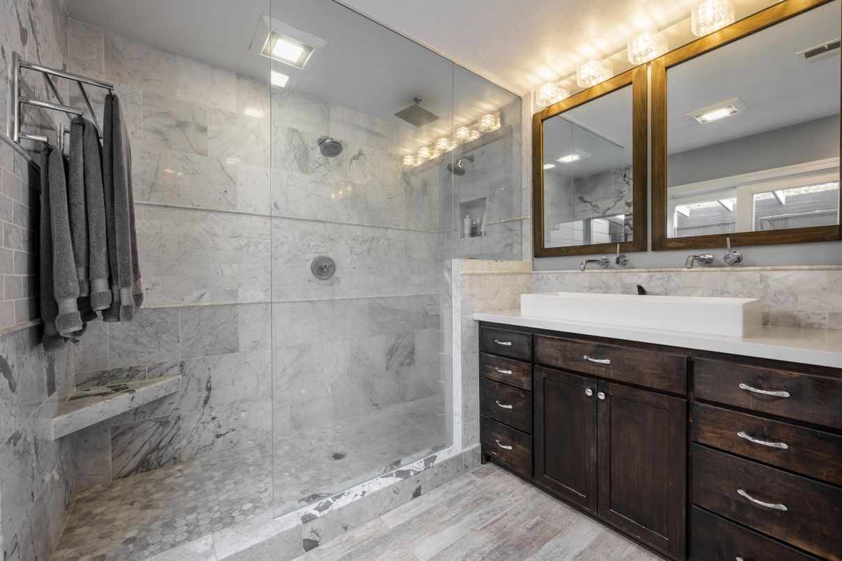 Bathroom, Dual Sink Vanities, Glass Shower, Interior, Marble Walls, Recessed Lighting