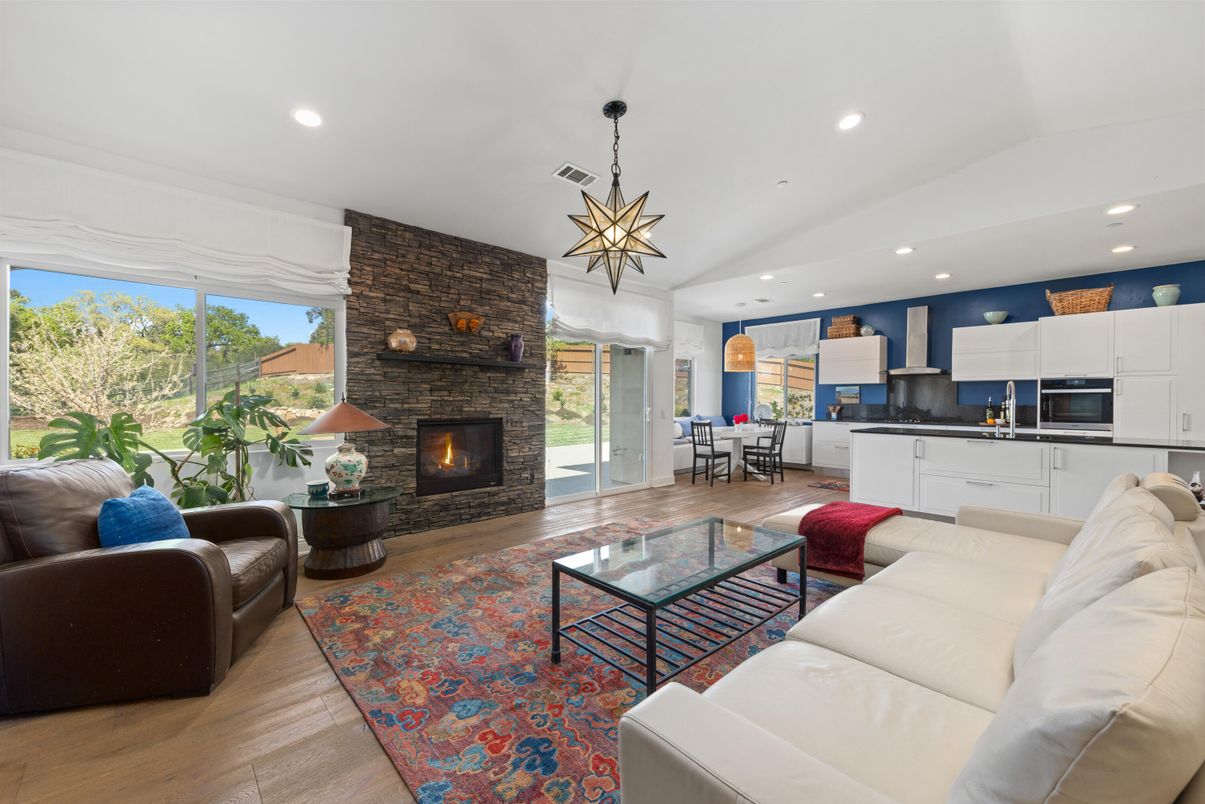 Dining room, Fireplace, Interior, Kitchen, Living room, Pendant Lights, Recessed Lighting, Stone Walls, Wood Texture Flooring