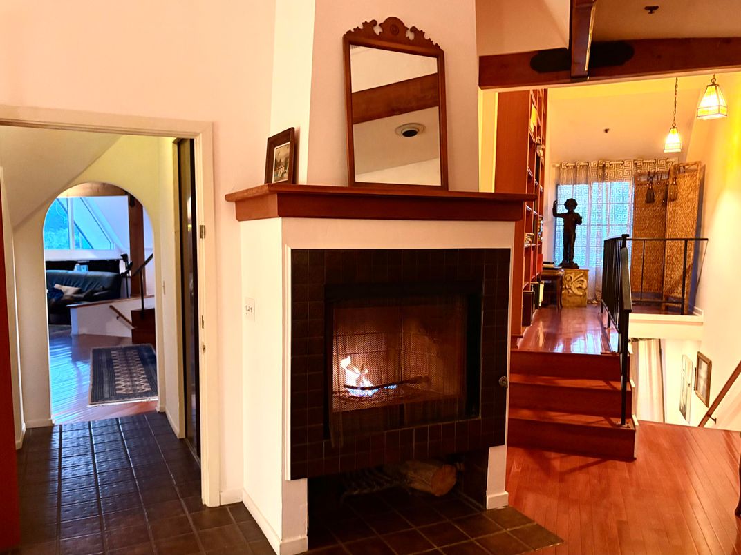 Fireplace, Interior, Pendant Lights, Wood Texture Flooring