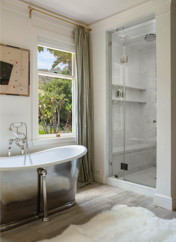 Bathroom, Free Standing Baths, Glass Shower, Interior, Marble Walls