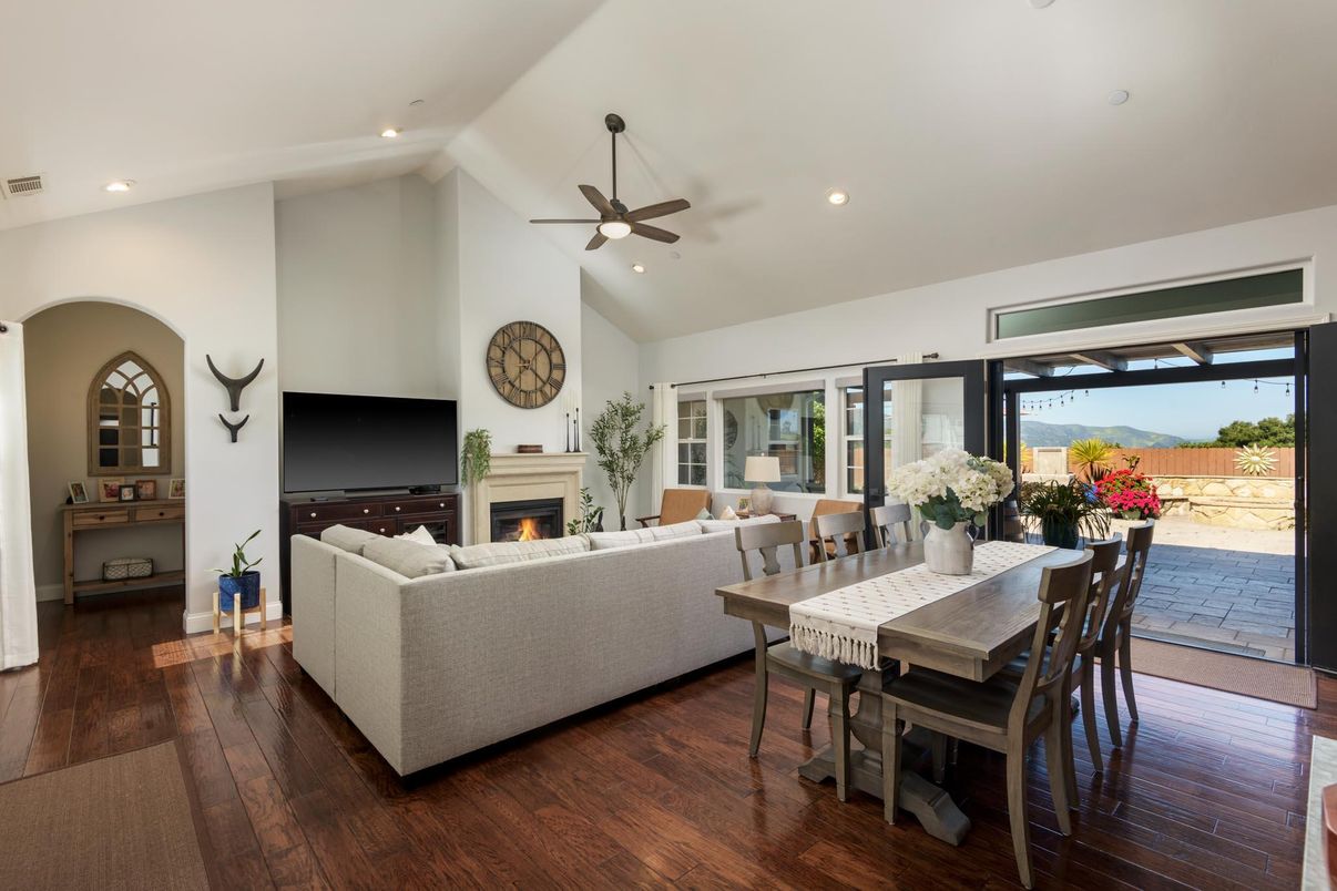 Dining room, Fireplace, Interior, Living room, Recessed Lighting, Wood Texture Flooring