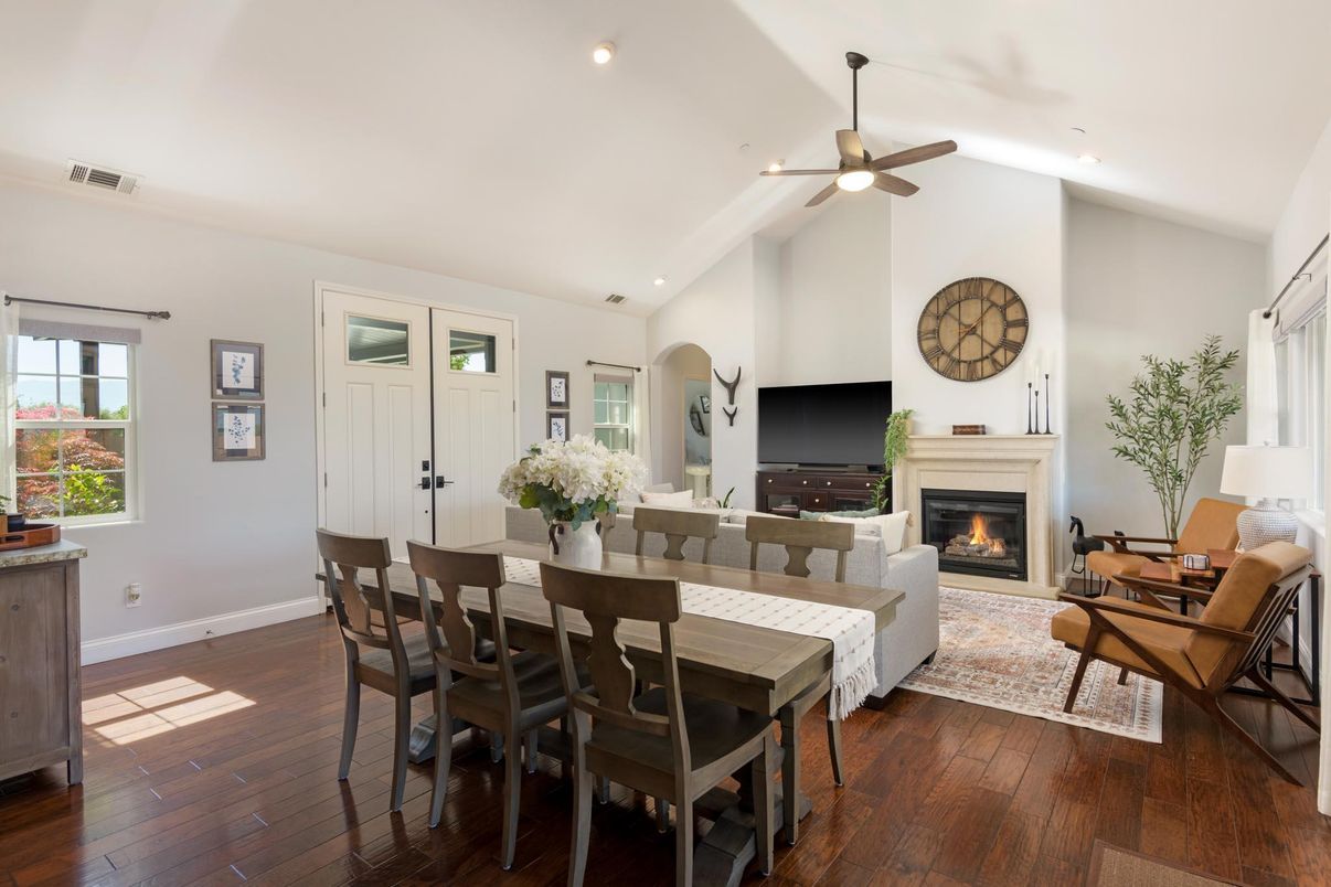Dining room, Fireplace, Interior, Living room, Recessed Lighting, Wood Texture Flooring