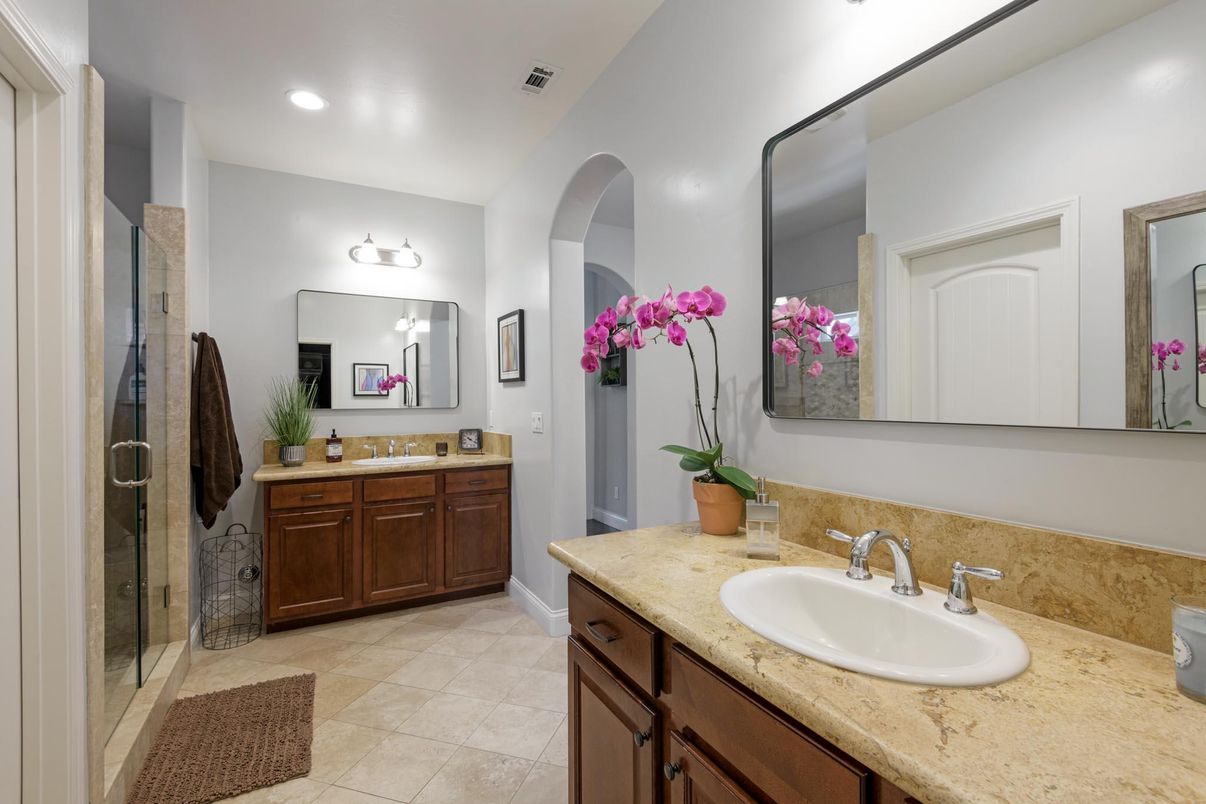 Bathroom, Dual Sink Vanities, Glass Shower, Interior, Recessed Lighting