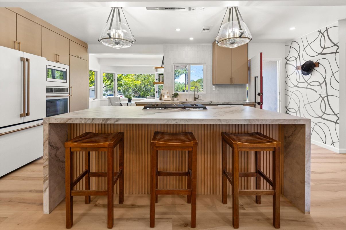 Interior, Kitchen, Pendant Lights, Recessed Lighting, Stainless Steel Appliances, Wood Texture Flooring