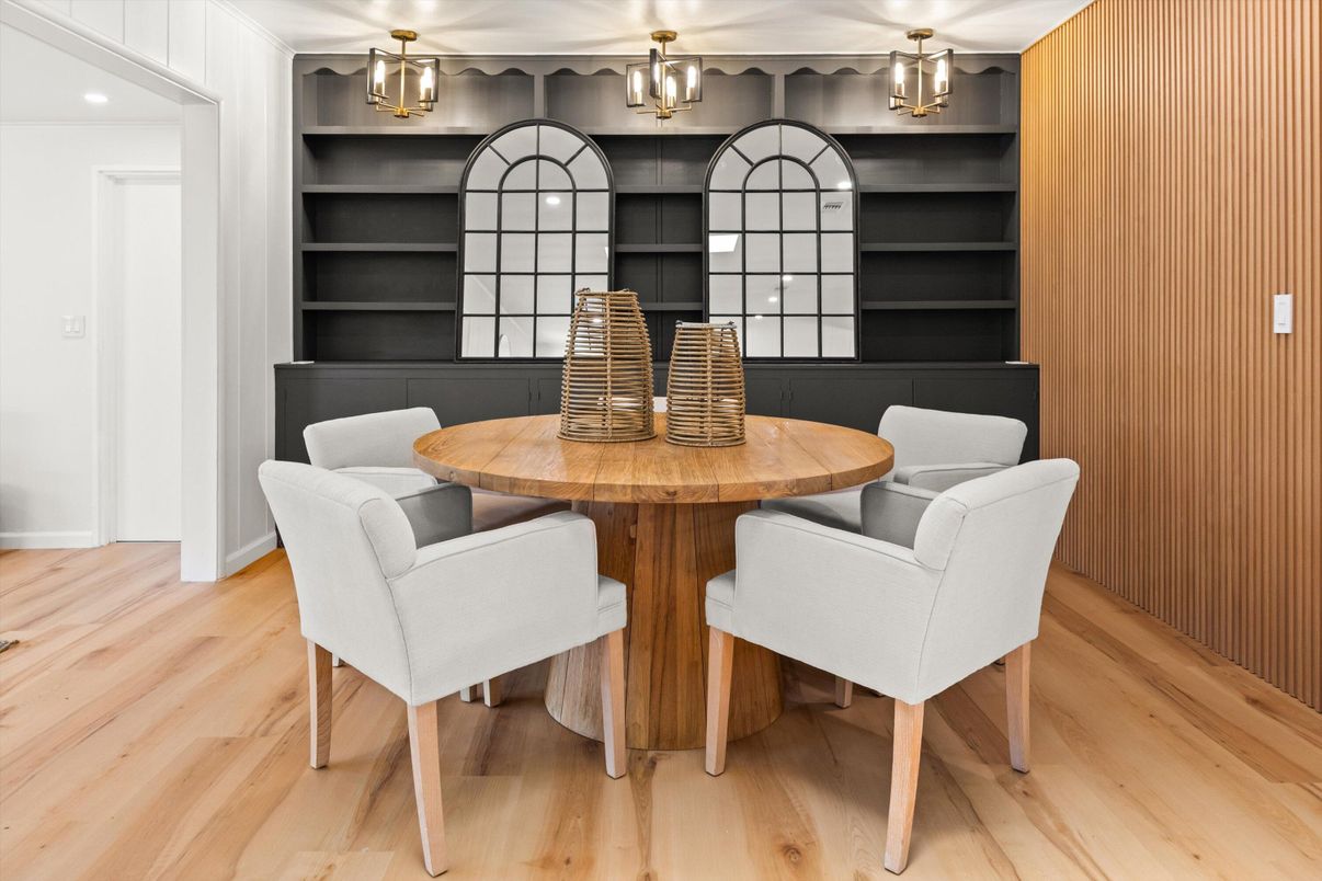 Dining room, Interior, Recessed Lighting, Wood Texture Flooring