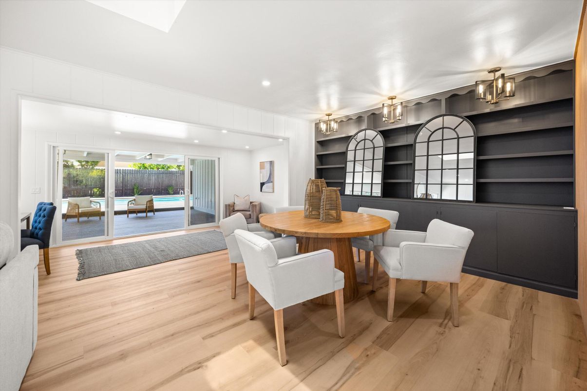 Dining room, Interior, Recessed Lighting, Wood Texture Flooring