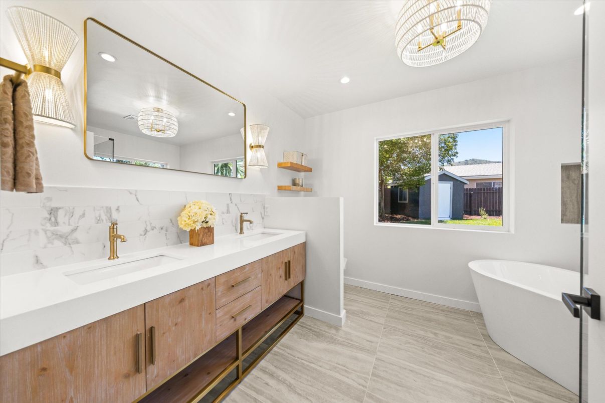 Bathroom, Dual Sink Vanities, Free Standing Baths, Interior, Marble Walls, Recessed Lighting
