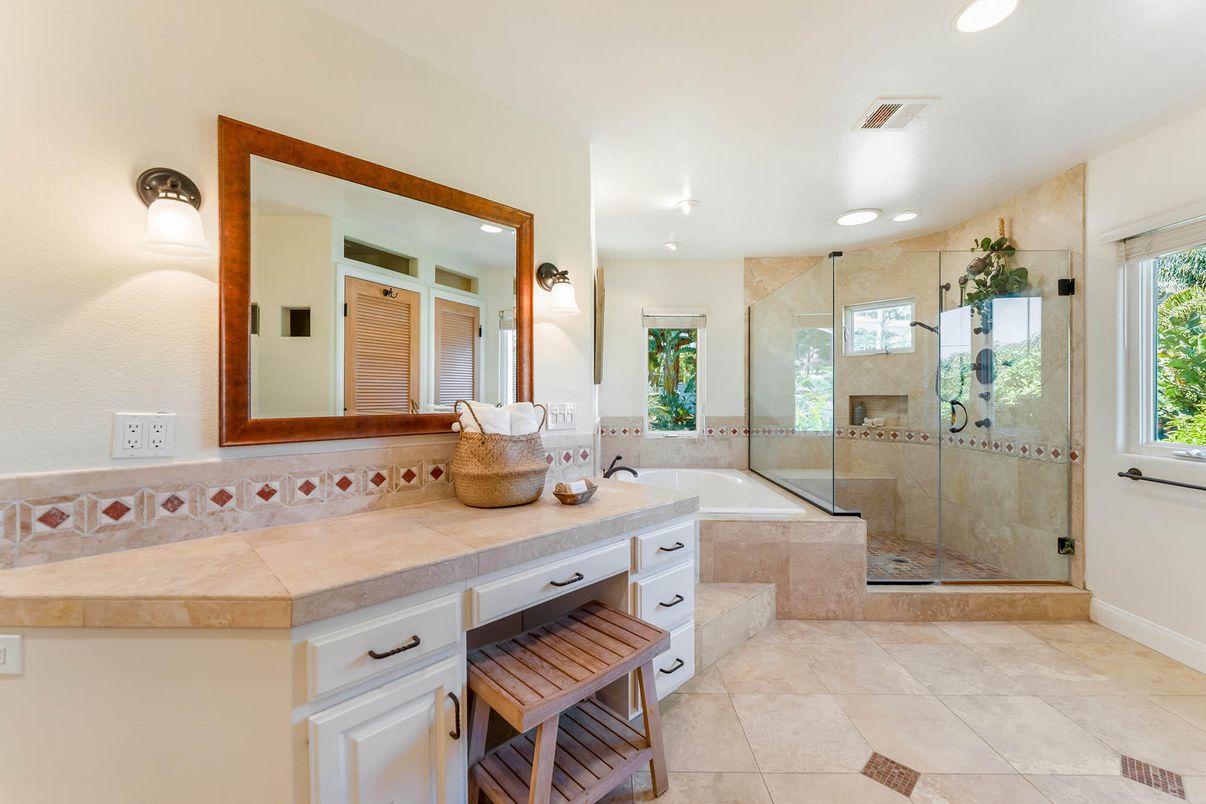 Bathroom, Glass Shower, Interior, Recessed Lighting, Tile Countertops