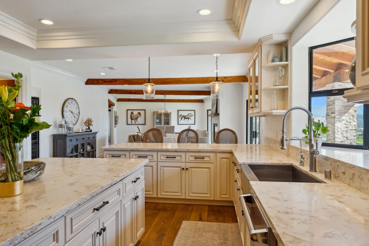 Interior, Kitchen, Pendant Lights, Recessed Lighting, Wooden Beams, Wood Texture Flooring