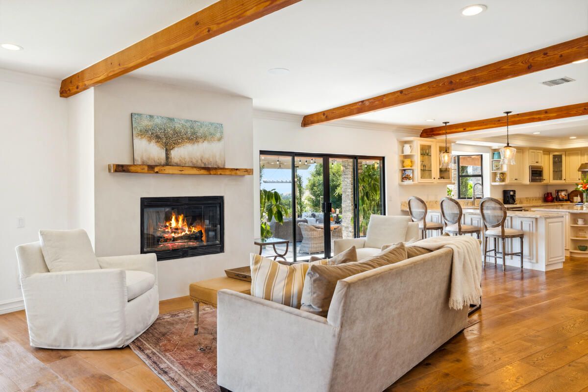 Dining room, Fireplace, Interior, Kitchen, Living room, Pendant Lights, Recessed Lighting, Wooden Beams, Wood Texture Flooring