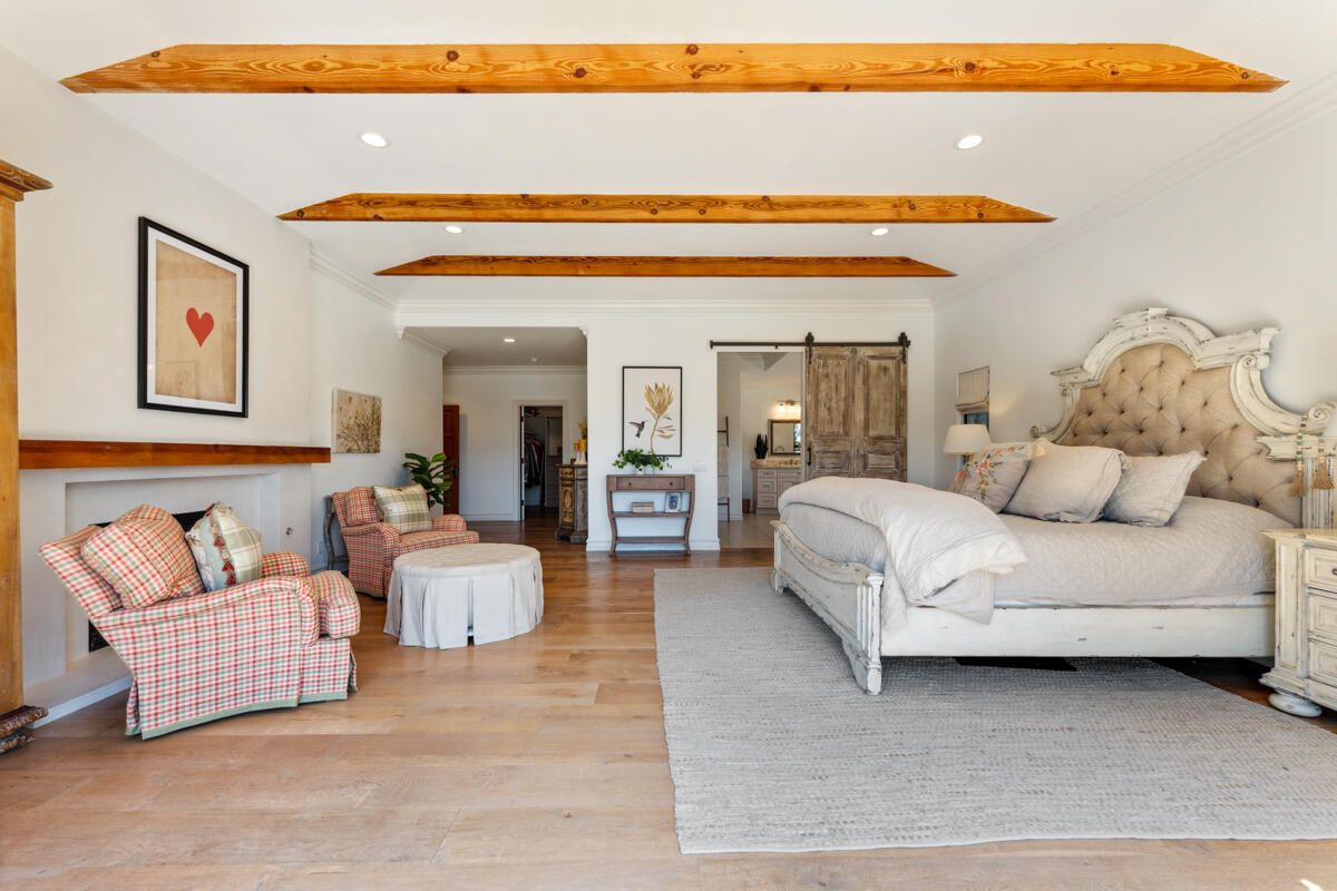 Bedroom, Interior, Recessed Lighting, Wooden Beams, Wood Texture Flooring