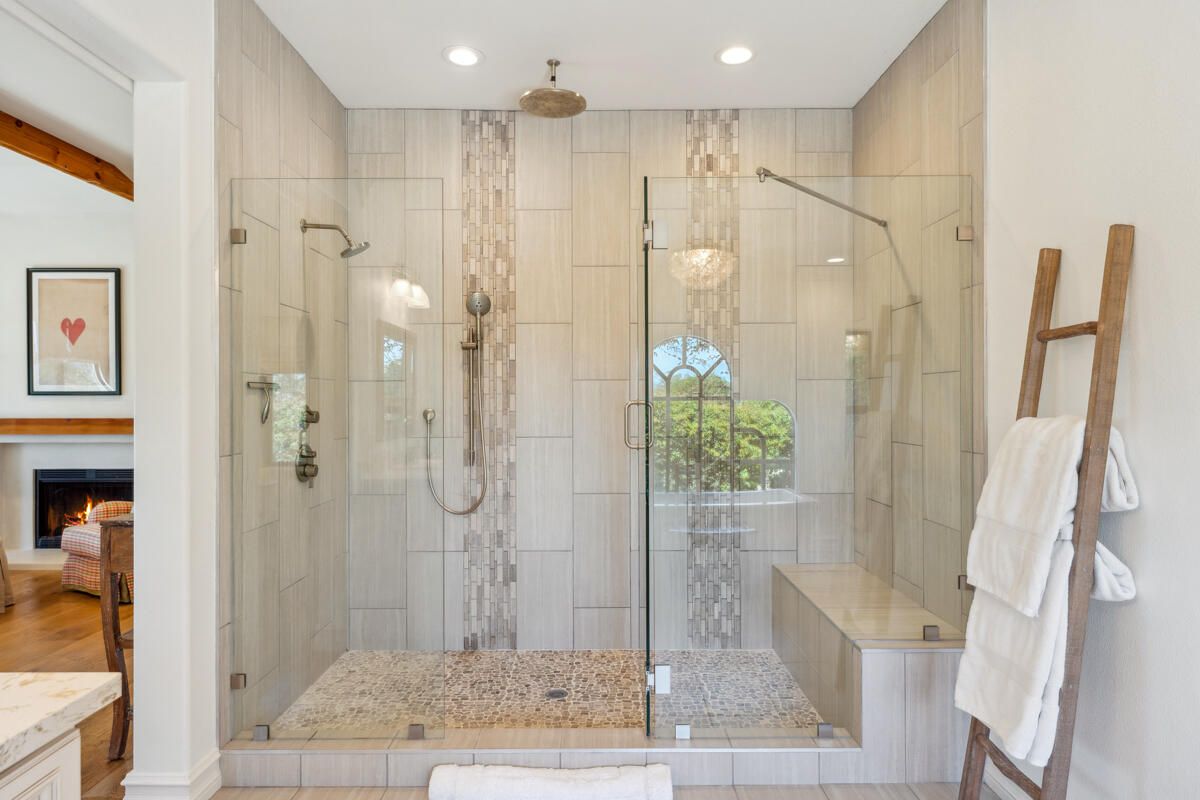 Bathroom, Fireplace, Glass Shower, Interior, Recessed Lighting, Wood Texture Flooring