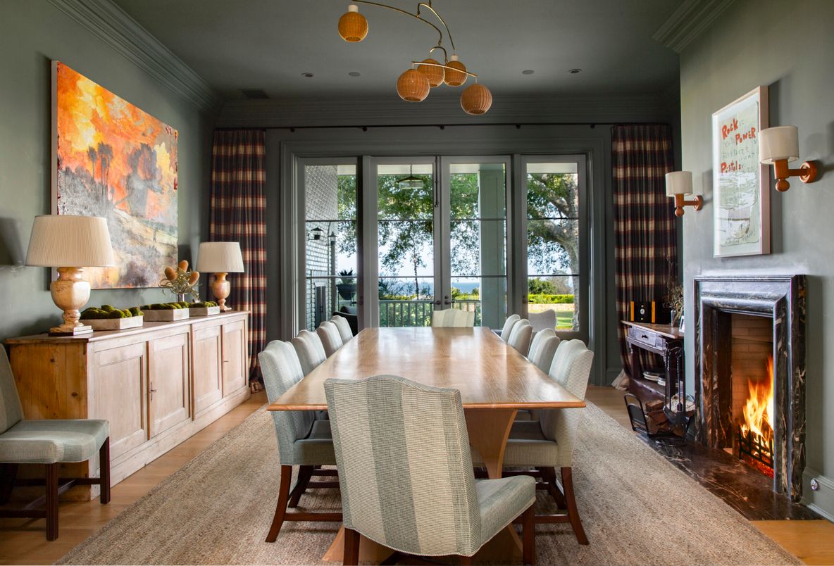 Dining room, Fireplace, Interior, Wood Texture Flooring