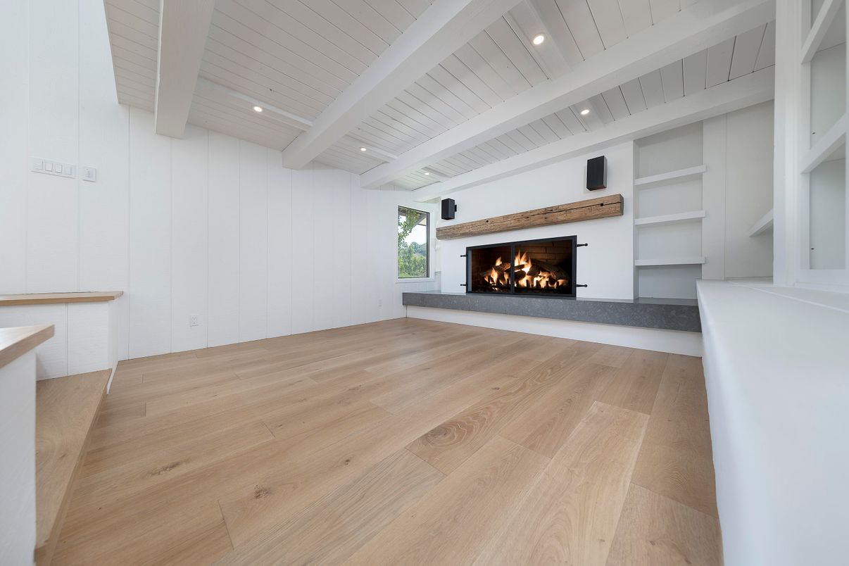 Empty room, Fireplace, Interior, Recessed Lighting, Wood Texture Flooring