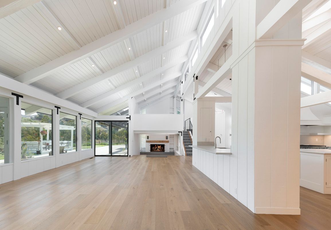 Empty room, Fireplace, Interior, Recessed Lighting, Wood Texture Flooring