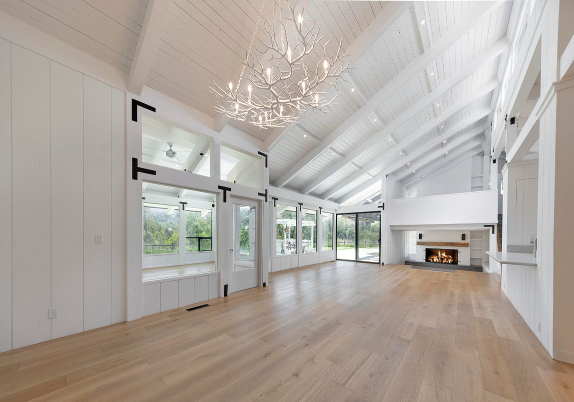 Empty room, Fireplace, Interior, Pendant Lights, Wood Texture Flooring