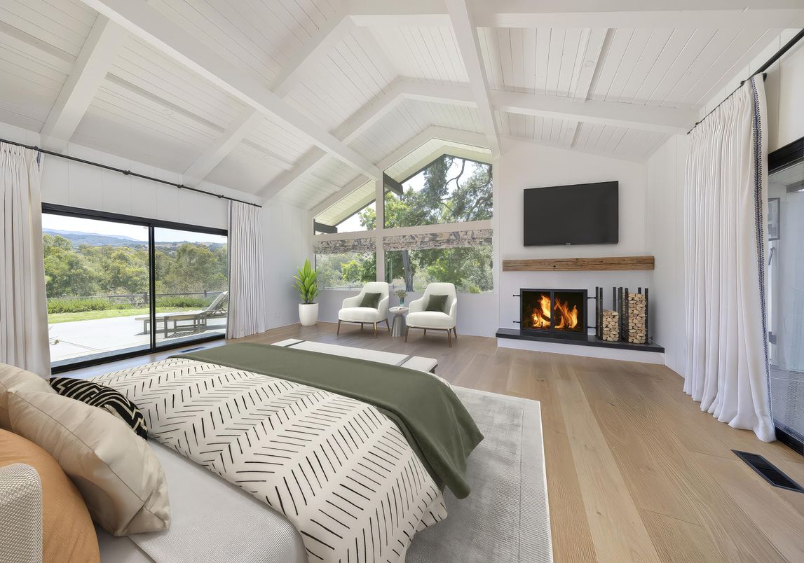 Bedroom, Fireplace, Interior, Wood Texture Flooring