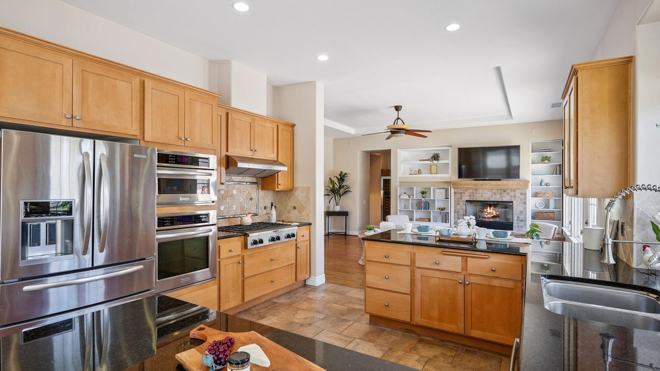 Fireplace, Interior, Kitchen, Recessed Lighting, Stainless Steel Appliances