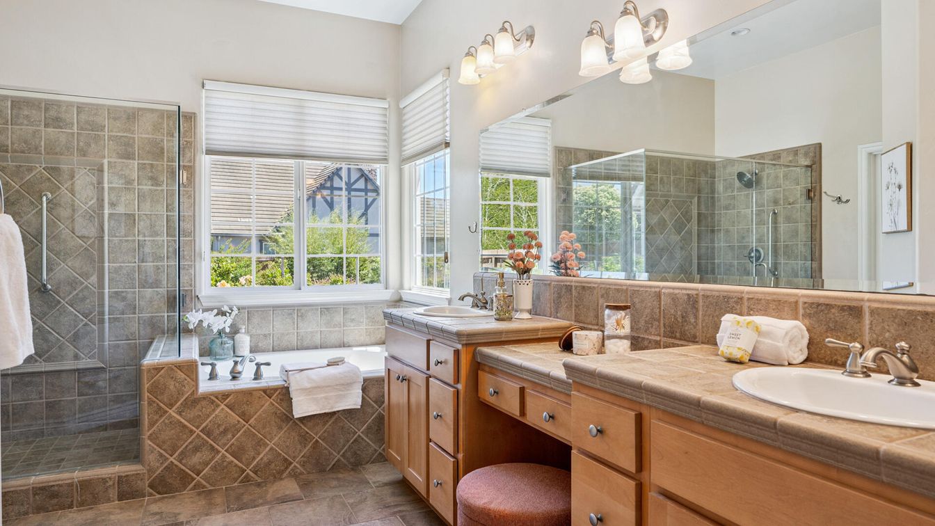 Bathroom, Dual Sink Vanities, Glass Shower, Interior, Tile Countertops