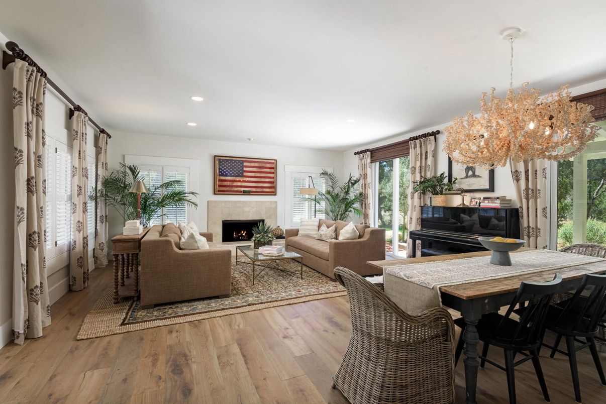 Chandelier, Dining room, Fireplace, Interior, Living room, Piano, Recessed Lighting, Wood Texture Flooring