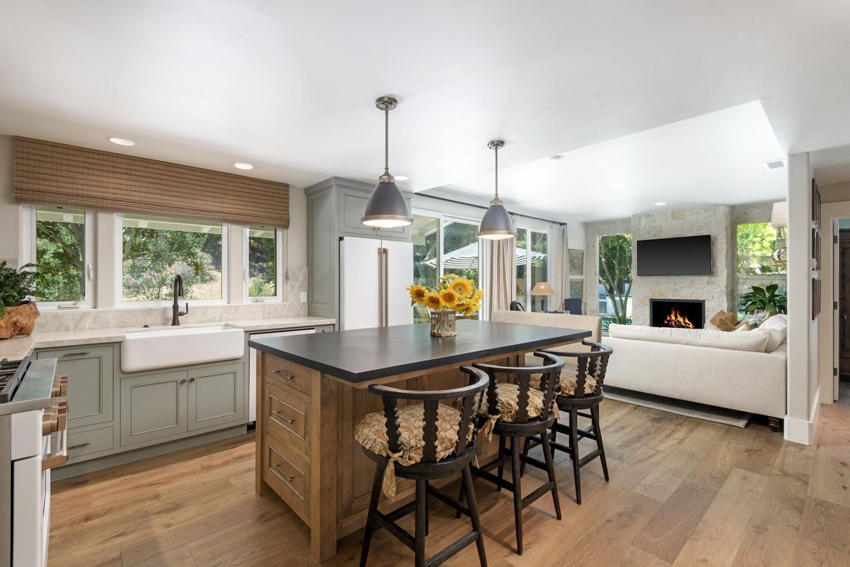 Fireplace, Interior, Kitchen, Living room, Pendant Lights, Recessed Lighting, Wood Texture Flooring