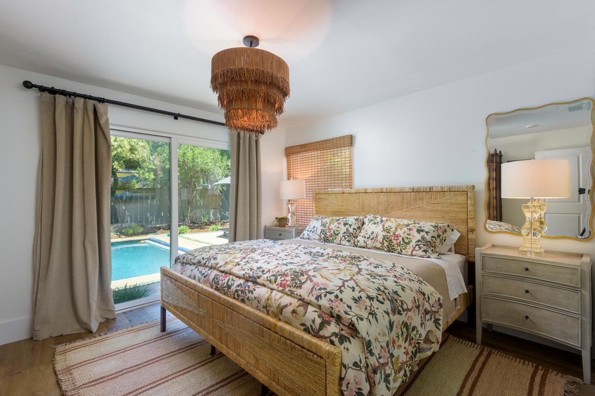 Bedroom, Chandelier, Interior, Wood Texture Flooring