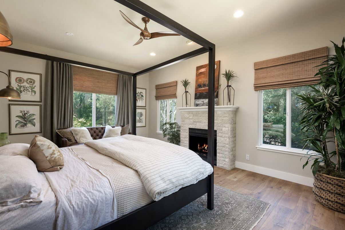 Bedroom, Fireplace, Interior, Recessed Lighting, Wood Texture Flooring