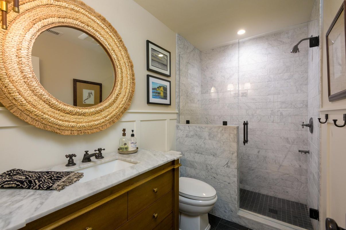Bathroom, Glass Shower, Interior, Marble Walls, Recessed Lighting