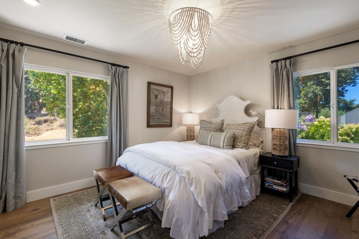 Bedroom, Chandelier, Interior, Recessed Lighting, Wood Texture Flooring
