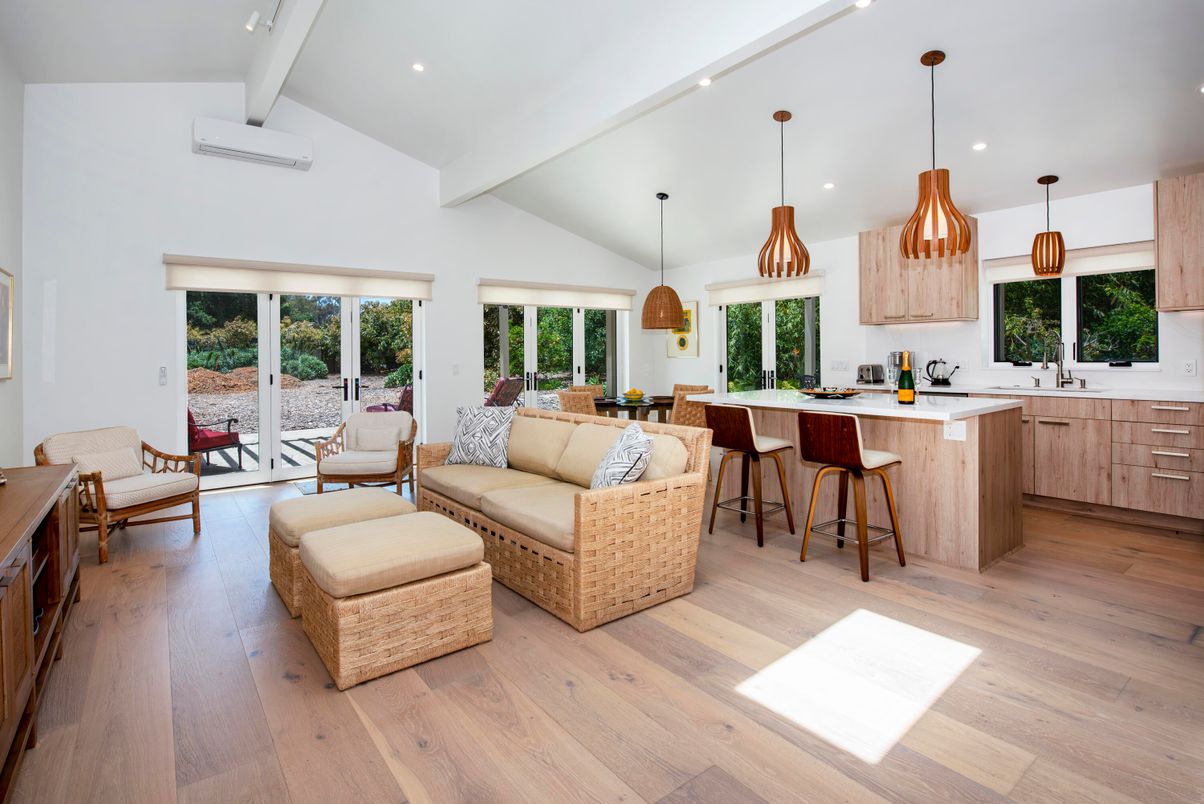 Interior, Kitchen, Living room, Pendant Lights, Recessed Lighting, Wood Texture Flooring