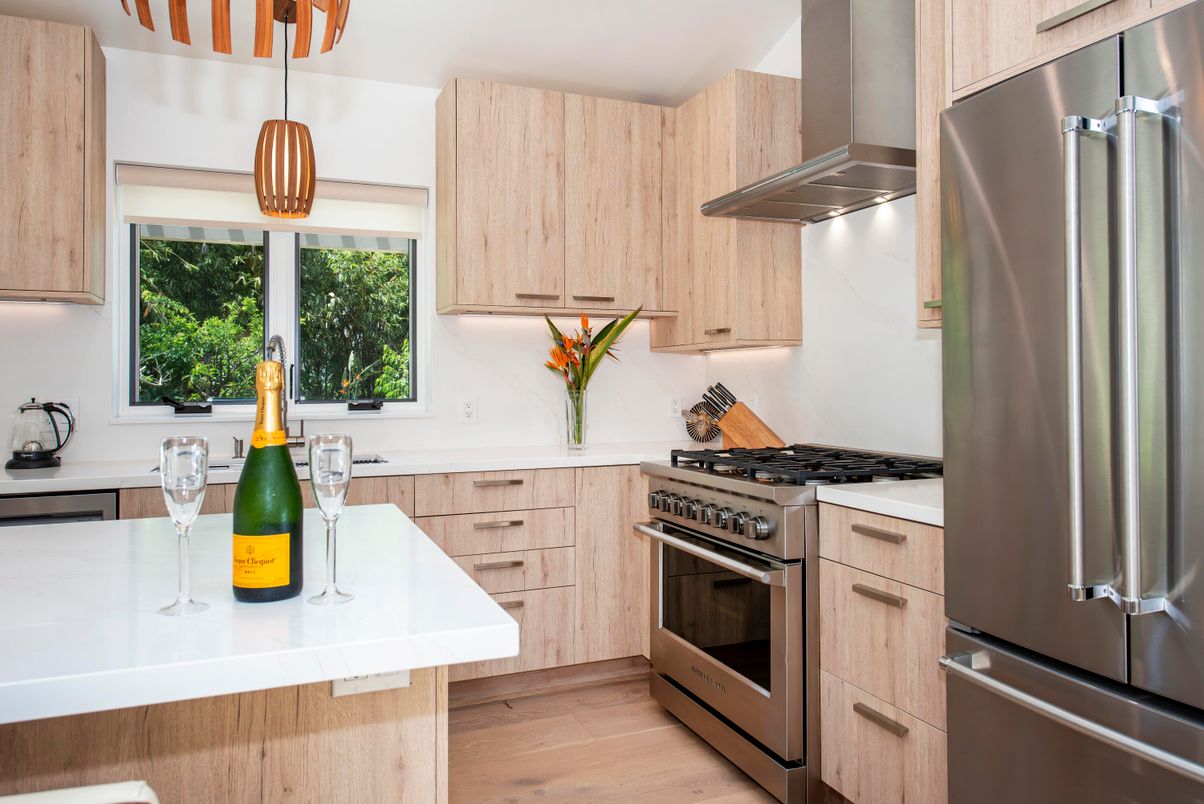 Interior, Kitchen, Pendant Lights, Stainless Steel Appliances, Wood Texture Flooring