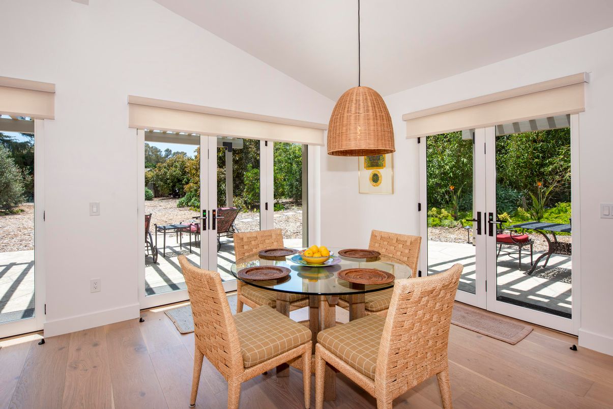 Dining room, Interior, Pendant Lights, Wood Texture Flooring