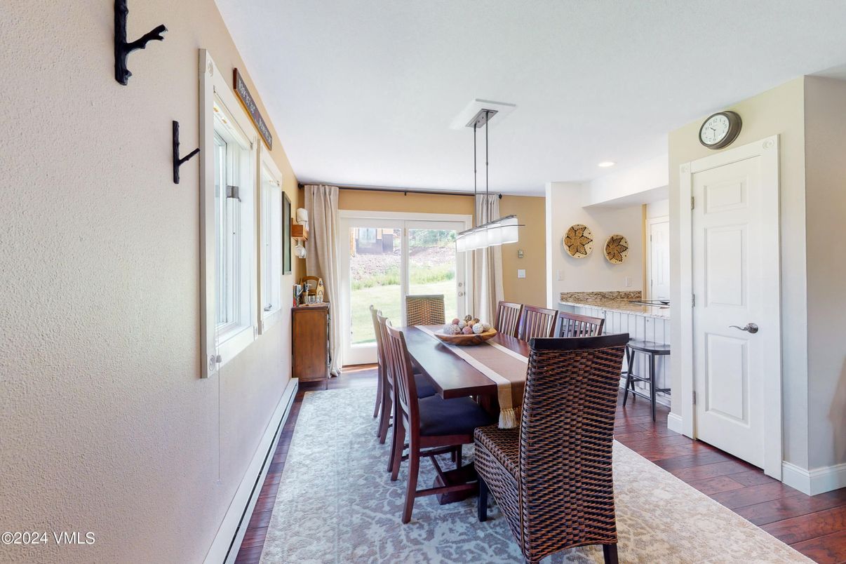 Dining room, Interior, Pendant Lights, Recessed Lighting, Wood Texture Flooring