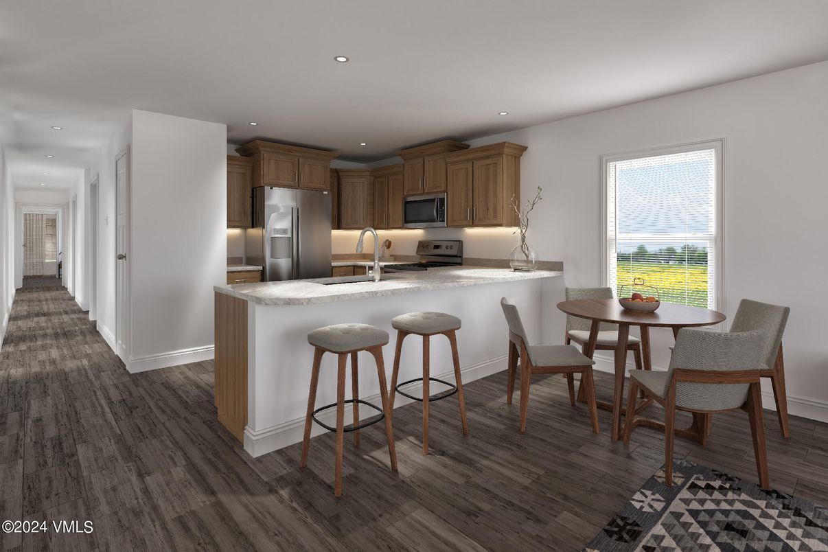 Dining room, Interior, Kitchen, Recessed Lighting, Stainless Steel Appliances, Wood Texture Flooring