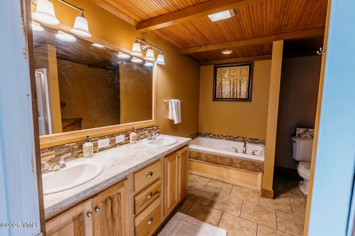 Bathroom, Dual Sink Vanities, Interior, Recessed Lighting, Wooden Beams, Wooden Ceilings