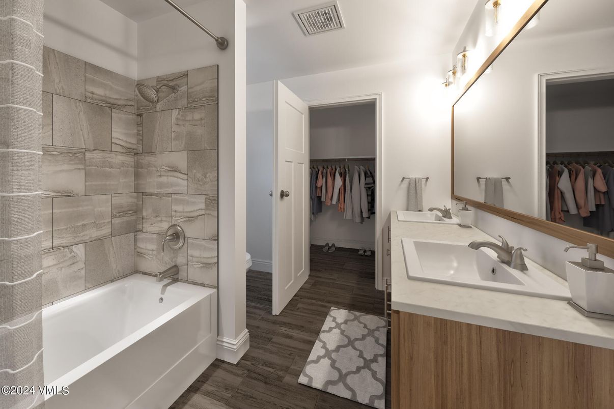 Bathroom, Dual Sink Vanities, Interior, Walk-in Closets, Wood Texture Flooring