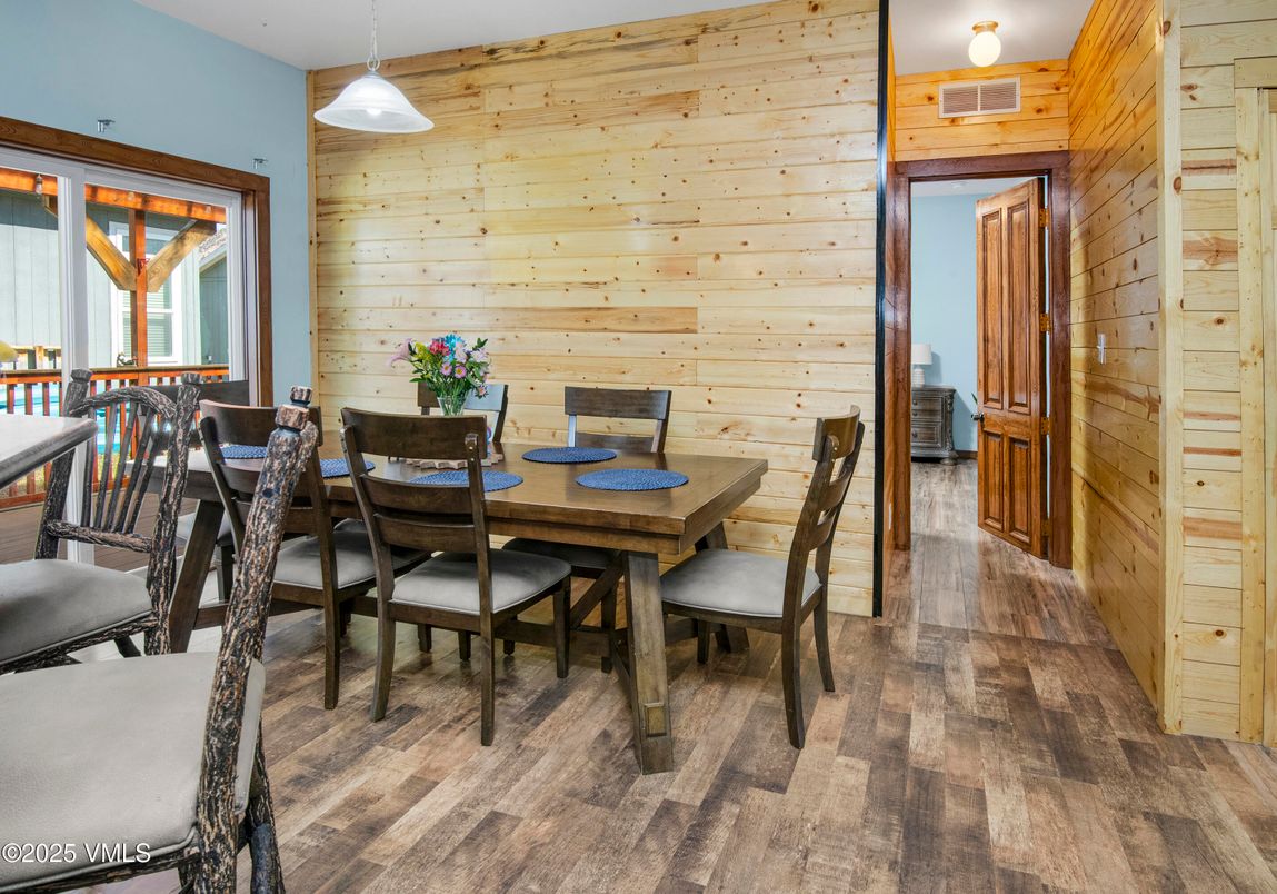 Dining room, Interior, Pendant Lights, Wood Texture Flooring, Wooden Walls