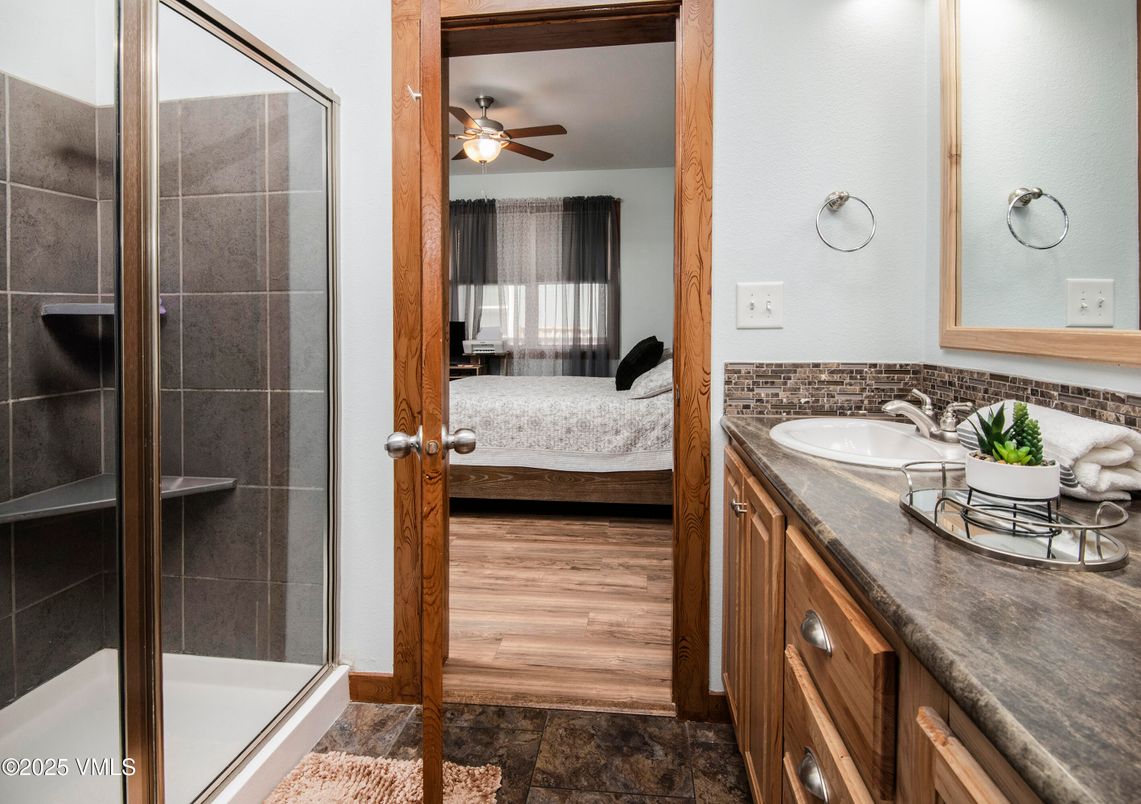 Bathroom, Bedroom, Glass Shower, Interior, Wood Texture Flooring