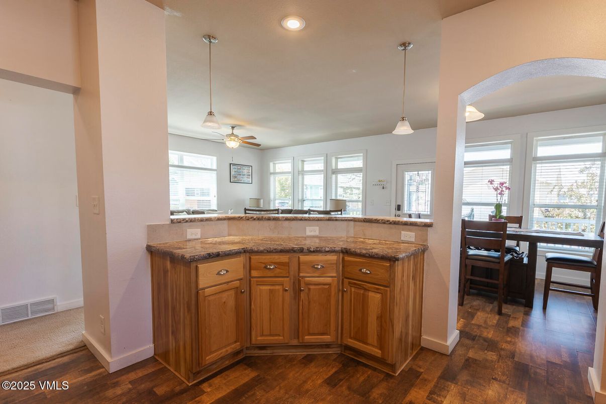 Dining room, Interior, Pendant Lights, Recessed Lighting, Wood Texture Flooring