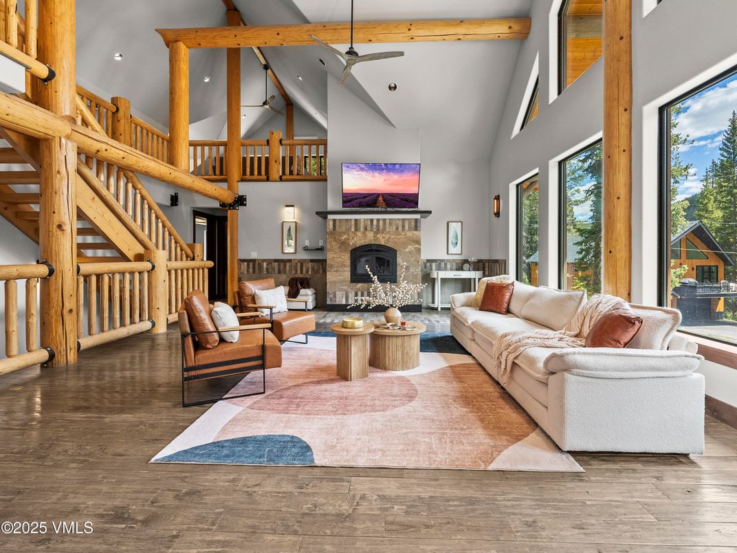 Fireplace, Interior, Living room, Recessed Lighting, Wooden Beams, Wood Texture Flooring