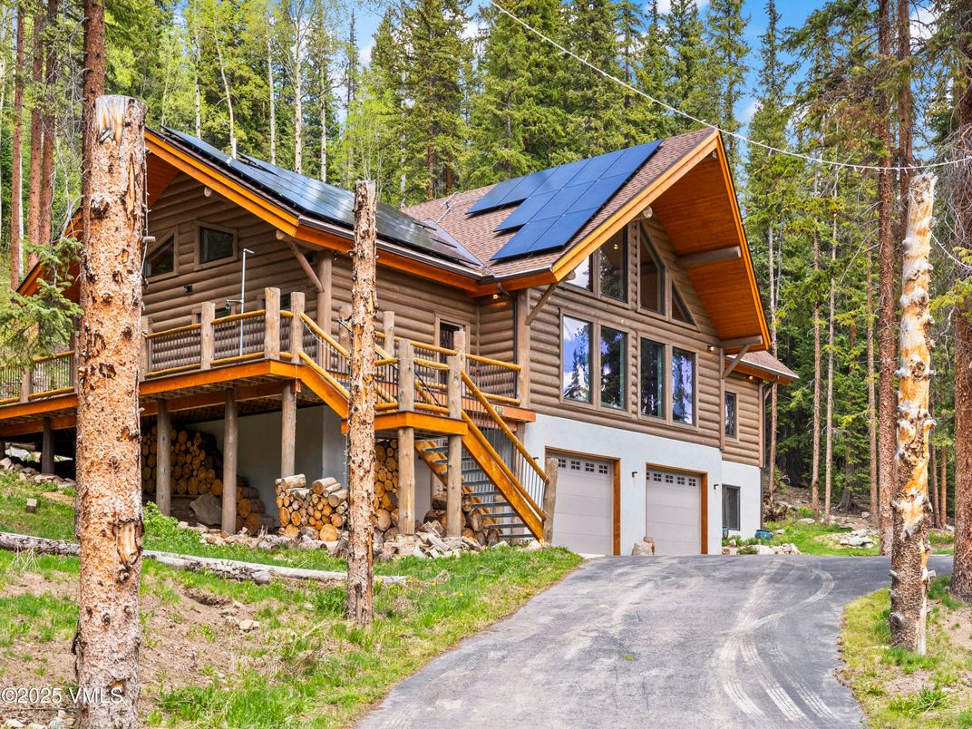 Attached, Exterior, Facade, Solar Panels, Log Home