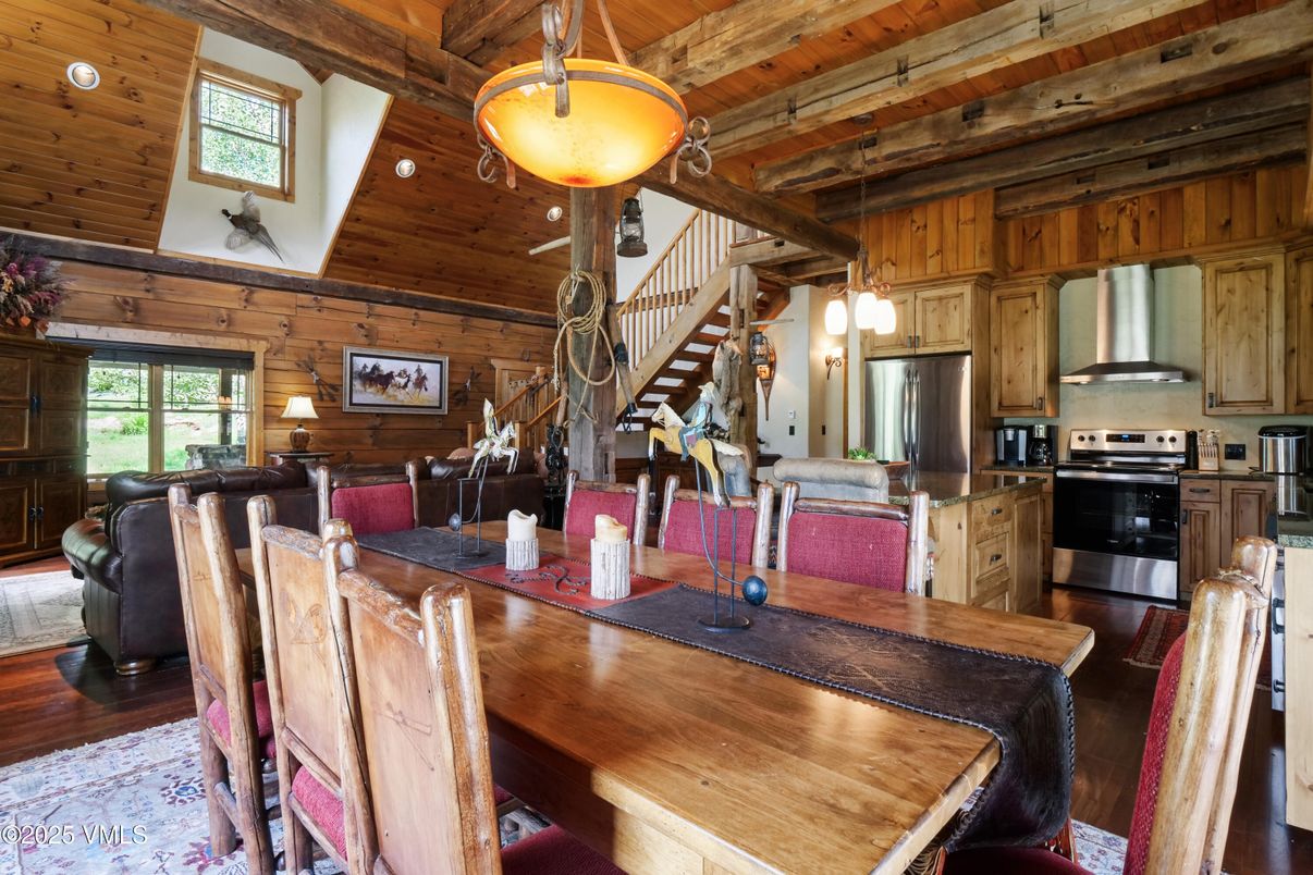 Dining room, Interior, Kitchen, Pendant Lights, Stainless Steel Appliances, Wooden Beams, Wooden Ceilings, Wood Texture Flooring, Wooden Walls