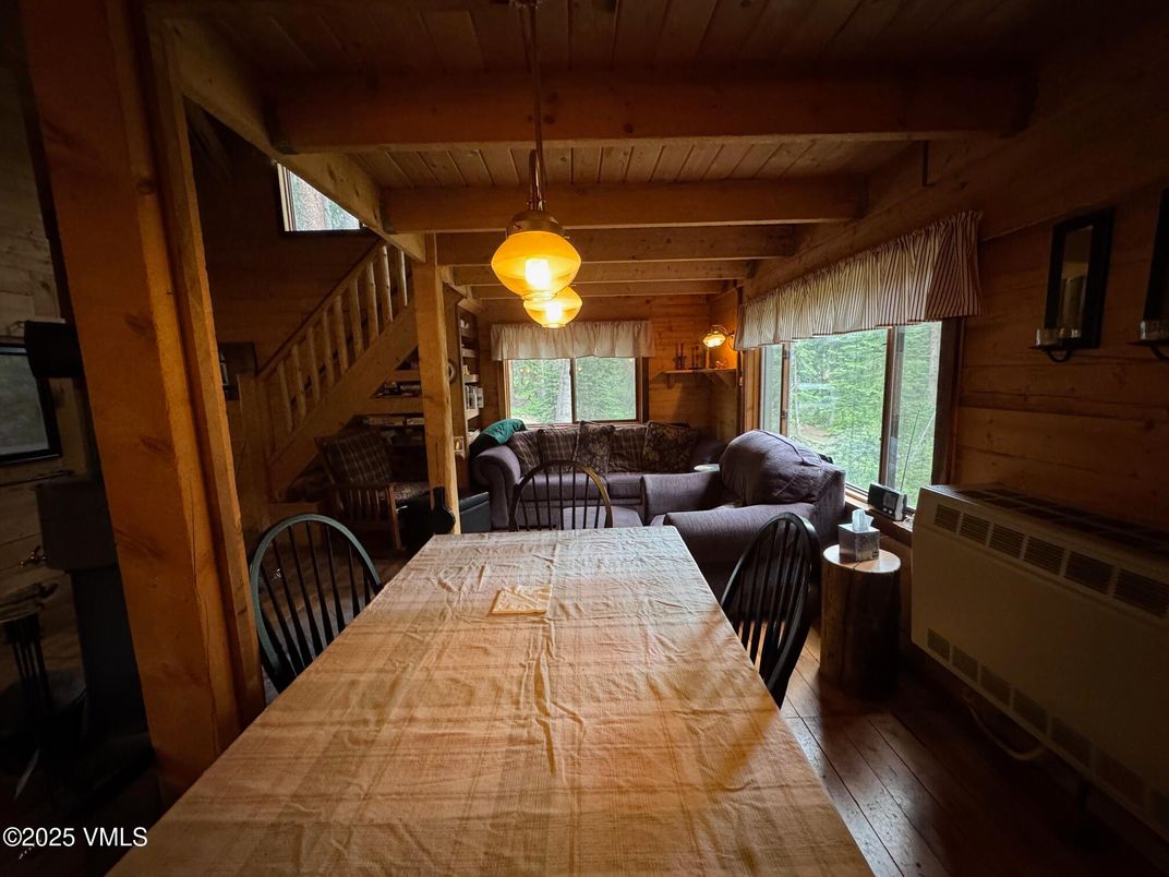 Dining room, Interior, Living room, Pendant Lights, Wooden Beams, Wooden Ceilings, Wood Texture Flooring, Wooden Walls