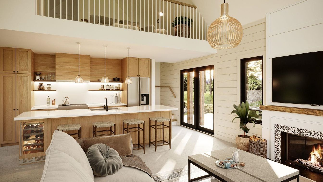Fireplace, Interior, Kitchen, Living room, Pendant Lights