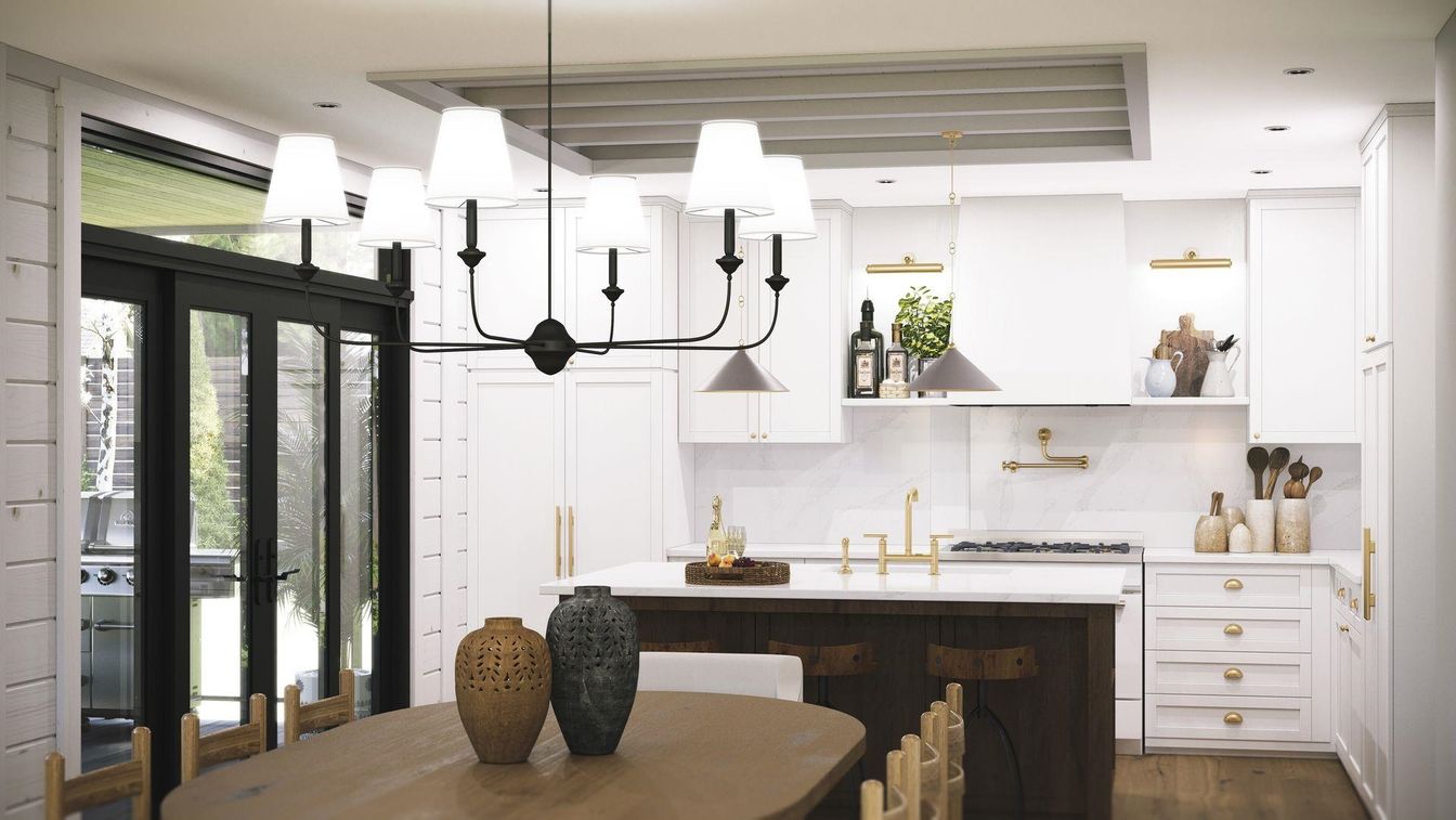 Chandelier, Interior, Kitchen, Pendant Lights, Recessed Lighting, Stainless Steel Appliances, Wood Texture Flooring