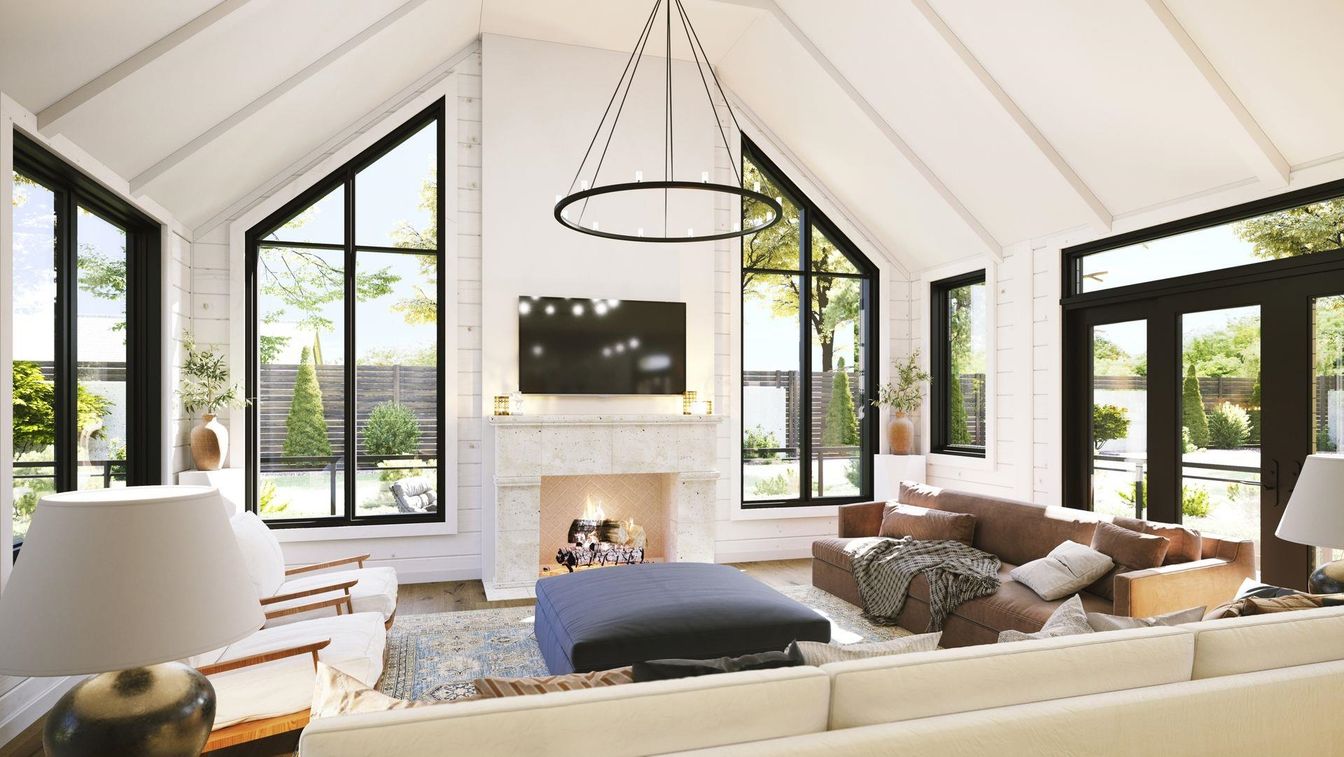 Fireplace, Interior, Living room, Pendant Lights, Wood Texture Flooring